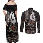 Aotearoa Hei Matau Couples Matching Off Shoulder Maxi Dress and Long Sleeve Button Shirt Haka Kiwi Mix Maori Mangopare