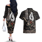 Aotearoa Hei Matau Couples Matching Off The Shoulder Long Sleeve Dress and Hawaiian Shirt Haka Kiwi Mix Maori Mangopare