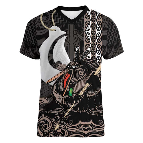 Aotearoa Hei Matau Women V-Neck T-Shirt Haka Kiwi Mix Maori Mangopare