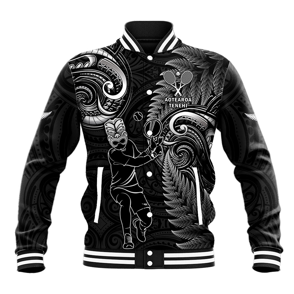 New Zealand Tiki Tennis Baseball Jacket 2024 Aotearoa Tenehi Maori Silver Fern - Black