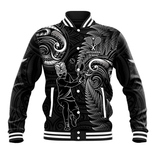 New Zealand Tiki Tennis Baseball Jacket 2024 Aotearoa Tenehi Maori Silver Fern - Black