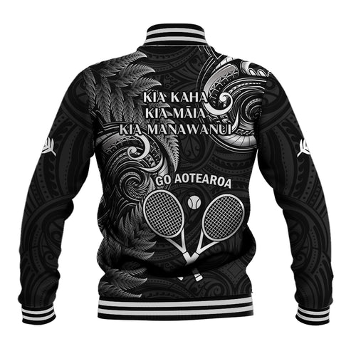 New Zealand Tiki Tennis Baseball Jacket 2024 Aotearoa Tenehi Maori Silver Fern - Black