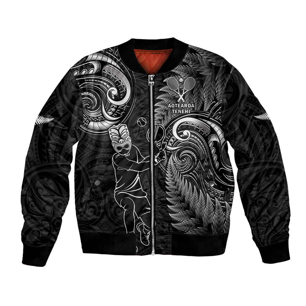 New Zealand Tiki Tennis Bomber Jacket 2024 Aotearoa Tenehi Maori Silver Fern - Black