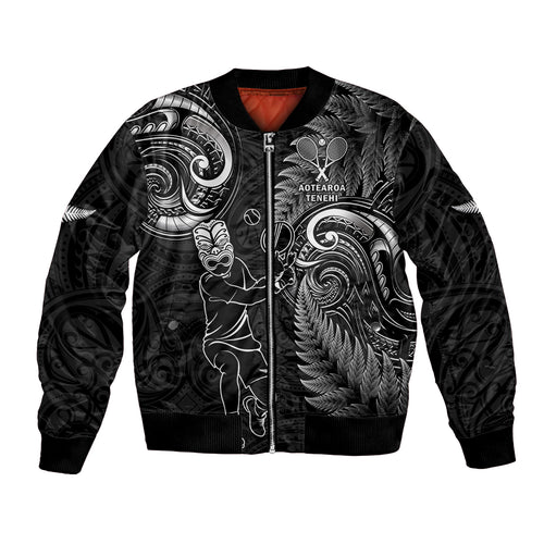 New Zealand Tiki Tennis Bomber Jacket 2024 Aotearoa Tenehi Maori Silver Fern - Black