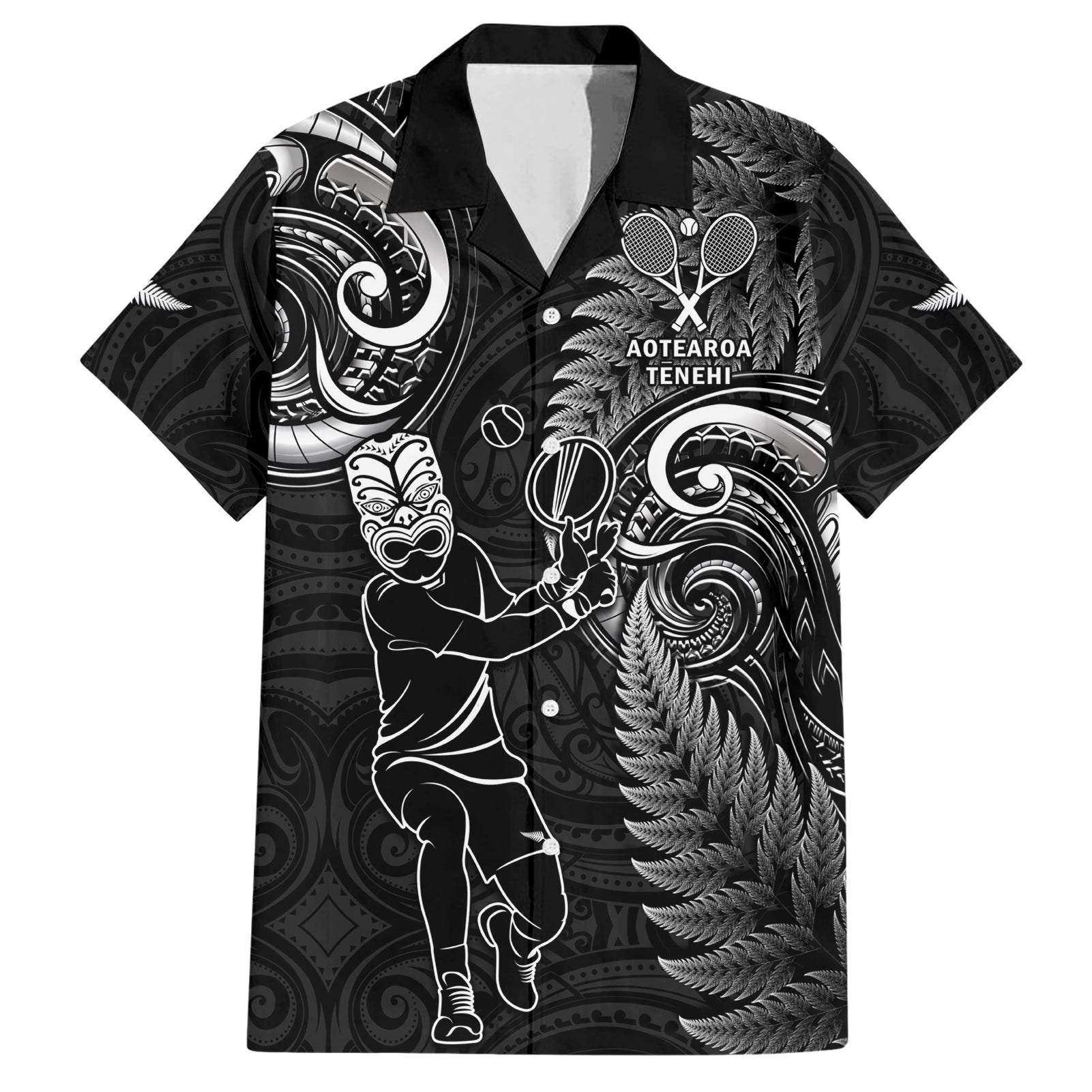 New Zealand Tiki Tennis Hawaiian Shirt 2024 Aotearoa Tenehi Maori Silver Fern - Black