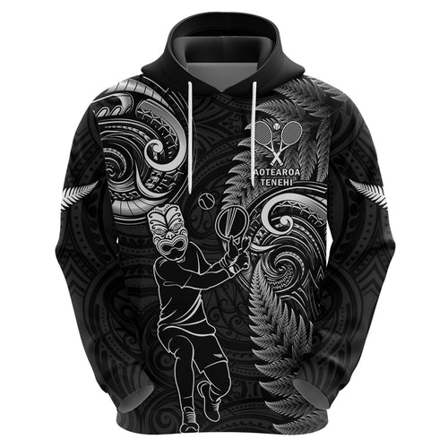 New Zealand Tiki Tennis Hoodie 2024 Aotearoa Tenehi Maori Silver Fern - Black