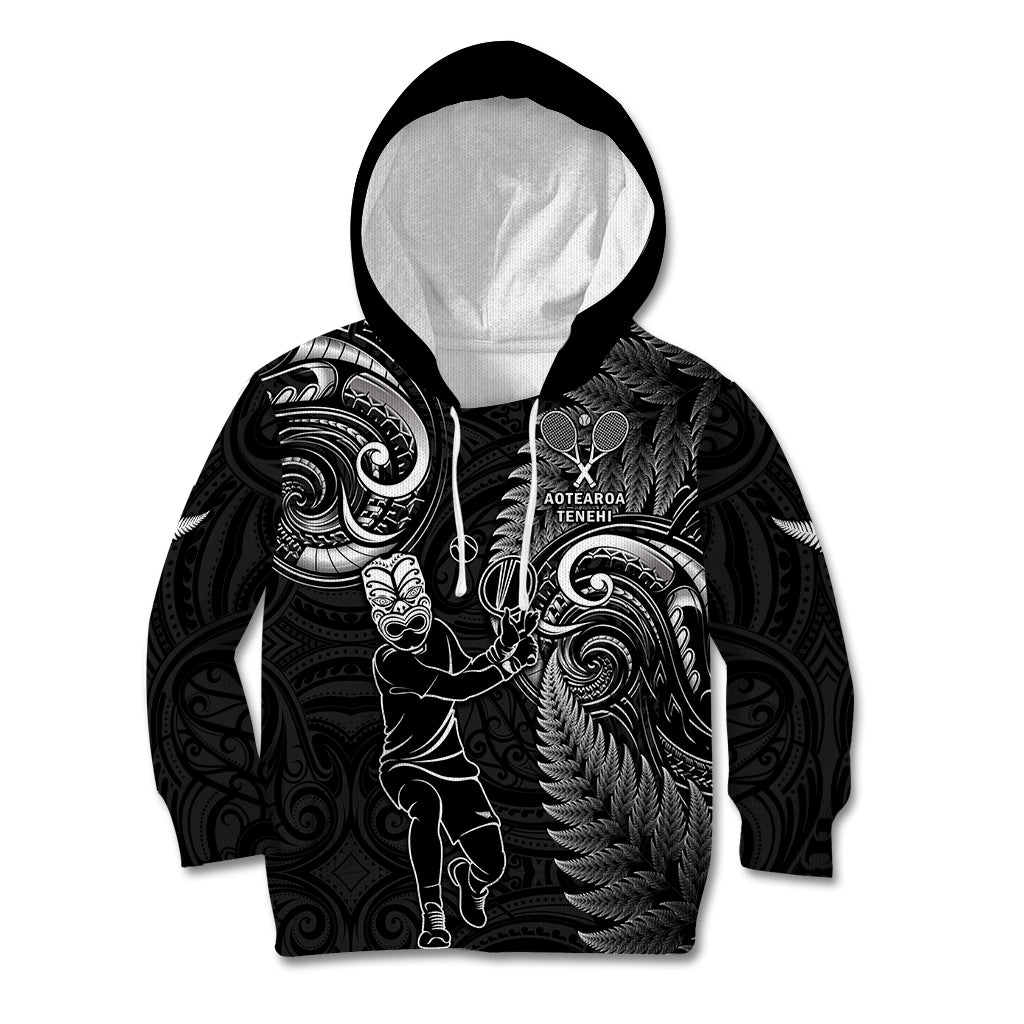New Zealand Tiki Tennis Kid Hoodie 2024 Aotearoa Tenehi Maori Silver Fern - Black
