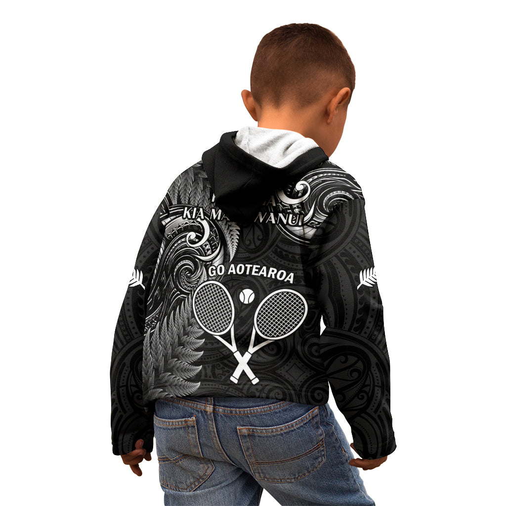 New Zealand Tiki Tennis Kid Hoodie 2024 Aotearoa Tenehi Maori Silver Fern - Black