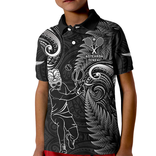 New Zealand Tiki Tennis Kid Polo Shirt 2024 Aotearoa Tenehi Maori Silver Fern - Black