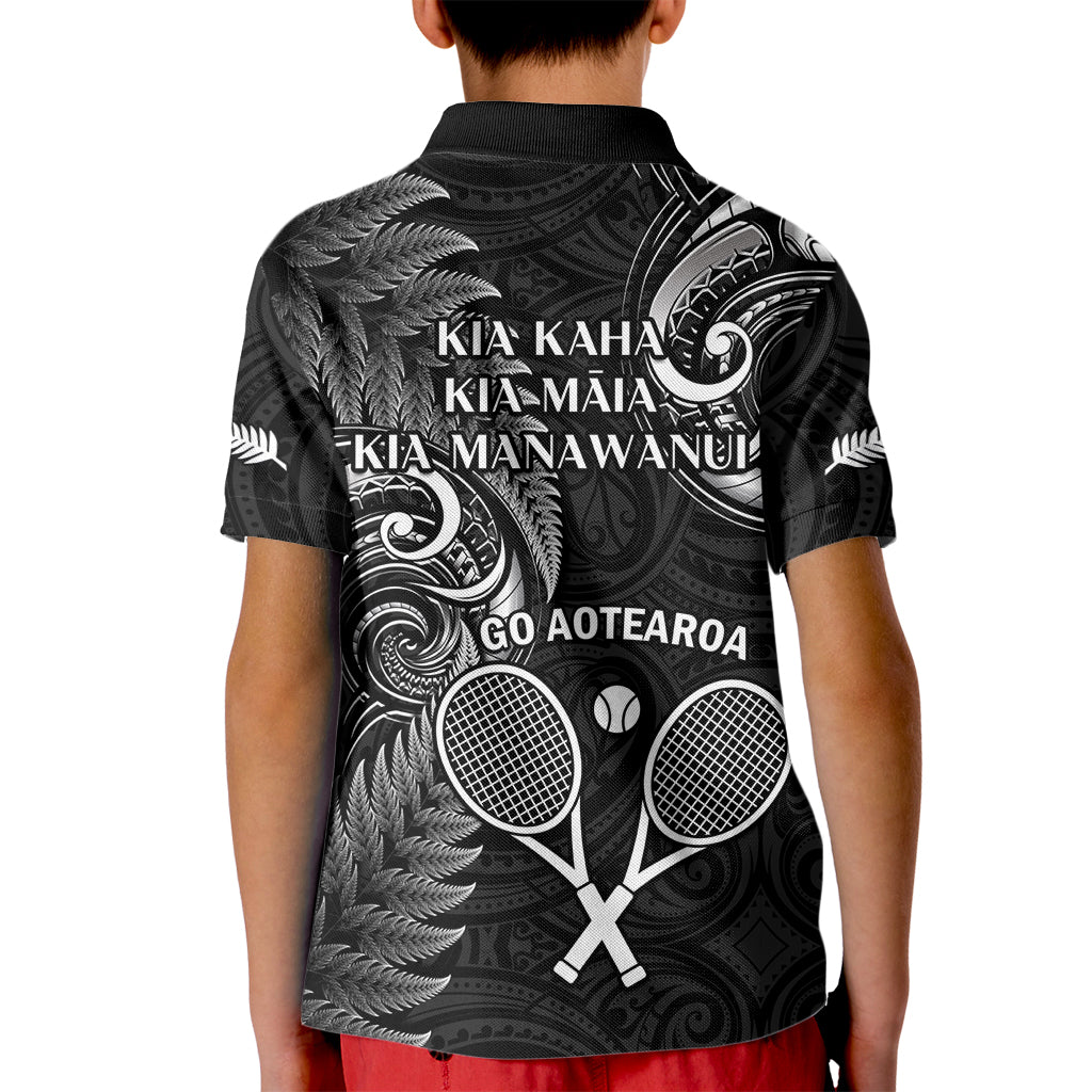 New Zealand Tiki Tennis Kid Polo Shirt 2024 Aotearoa Tenehi Maori Silver Fern - Black