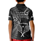 New Zealand Tiki Tennis Kid Polo Shirt 2024 Aotearoa Tenehi Maori Silver Fern - Black