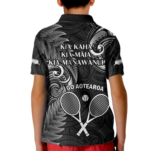 New Zealand Tiki Tennis Kid Polo Shirt 2024 Aotearoa Tenehi Maori Silver Fern - Black