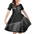 New Zealand Tiki Tennis Kid Short Sleeve Dress 2024 Aotearoa Tenehi Maori Silver Fern - Black
