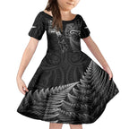 New Zealand Tiki Tennis Kid Short Sleeve Dress 2024 Aotearoa Tenehi Maori Silver Fern - Black