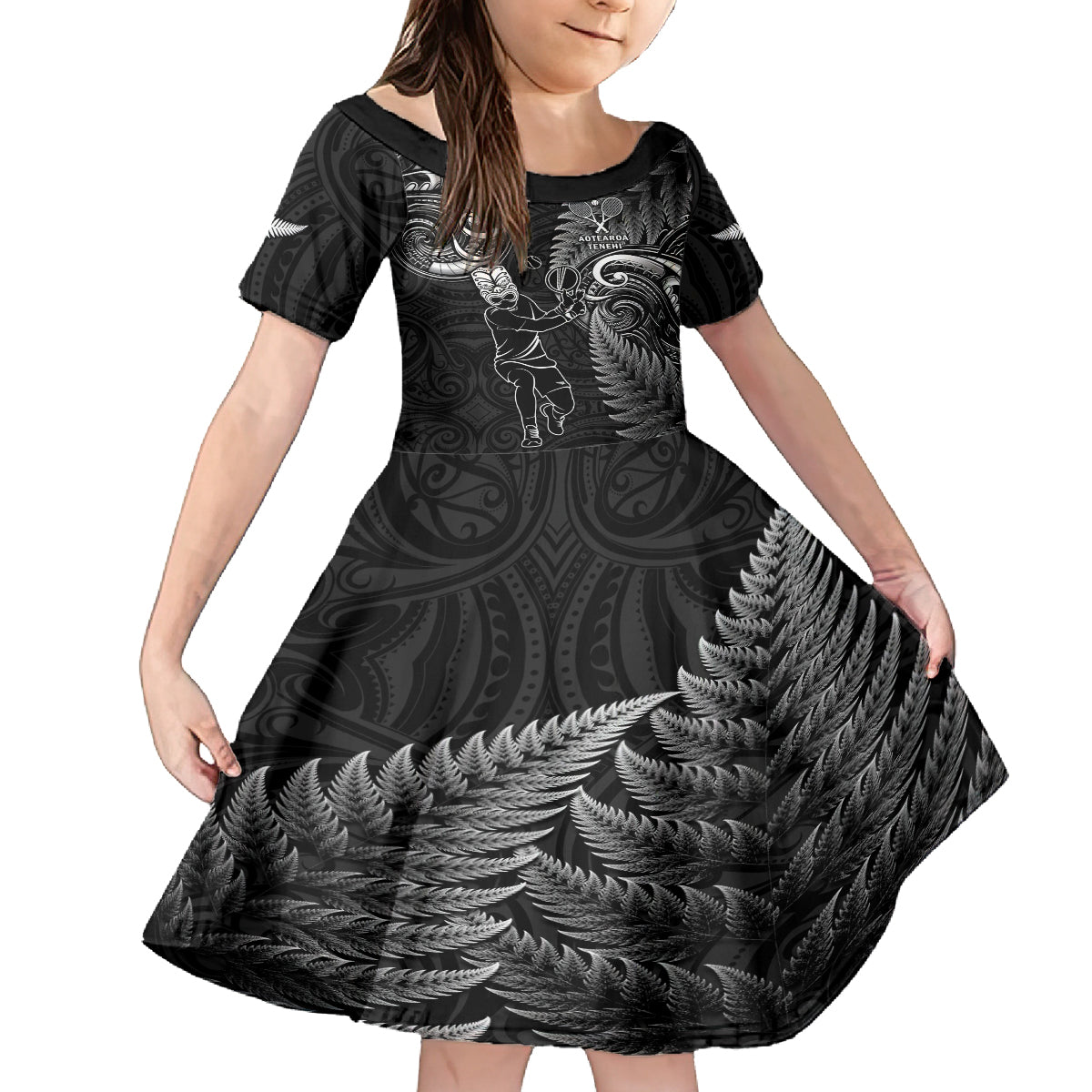 New Zealand Tiki Tennis Kid Short Sleeve Dress 2024 Aotearoa Tenehi Maori Silver Fern - Black
