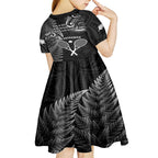 New Zealand Tiki Tennis Kid Short Sleeve Dress 2024 Aotearoa Tenehi Maori Silver Fern - Black