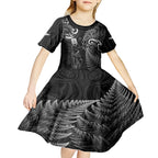 New Zealand Tiki Tennis Kid Short Sleeve Dress 2024 Aotearoa Tenehi Maori Silver Fern - Black