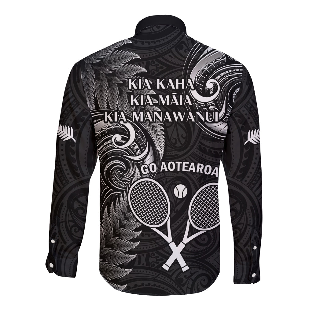 New Zealand Tiki Tennis Long Sleeve Button Shirt 2024 Aotearoa Tenehi Maori Silver Fern - Black