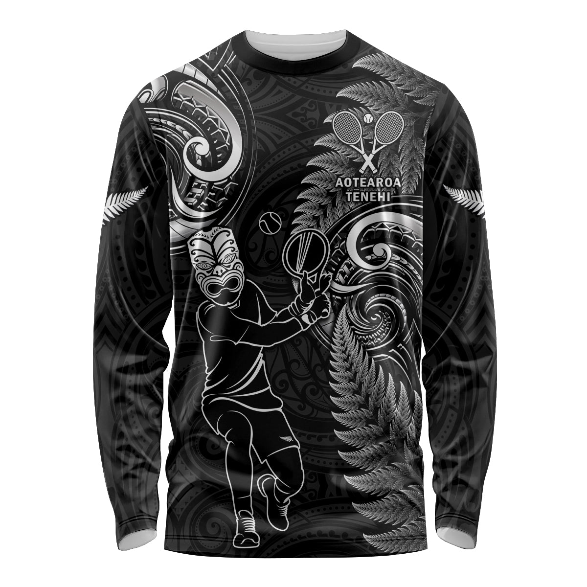 New Zealand Tiki Tennis Long Sleeve Shirt 2024 Aotearoa Tenehi Maori Silver Fern - Black