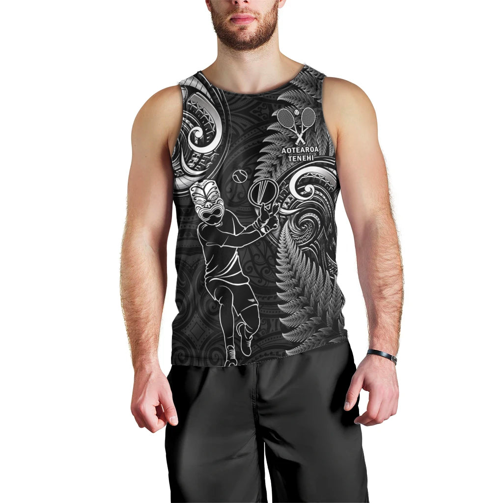 New Zealand Tiki Tennis Men Tank Top 2024 Aotearoa Tenehi Maori Silver Fern - Black