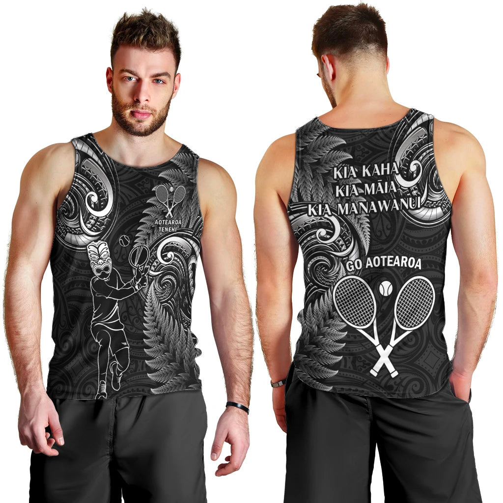 New Zealand Tiki Tennis Men Tank Top 2024 Aotearoa Tenehi Maori Silver Fern - Black