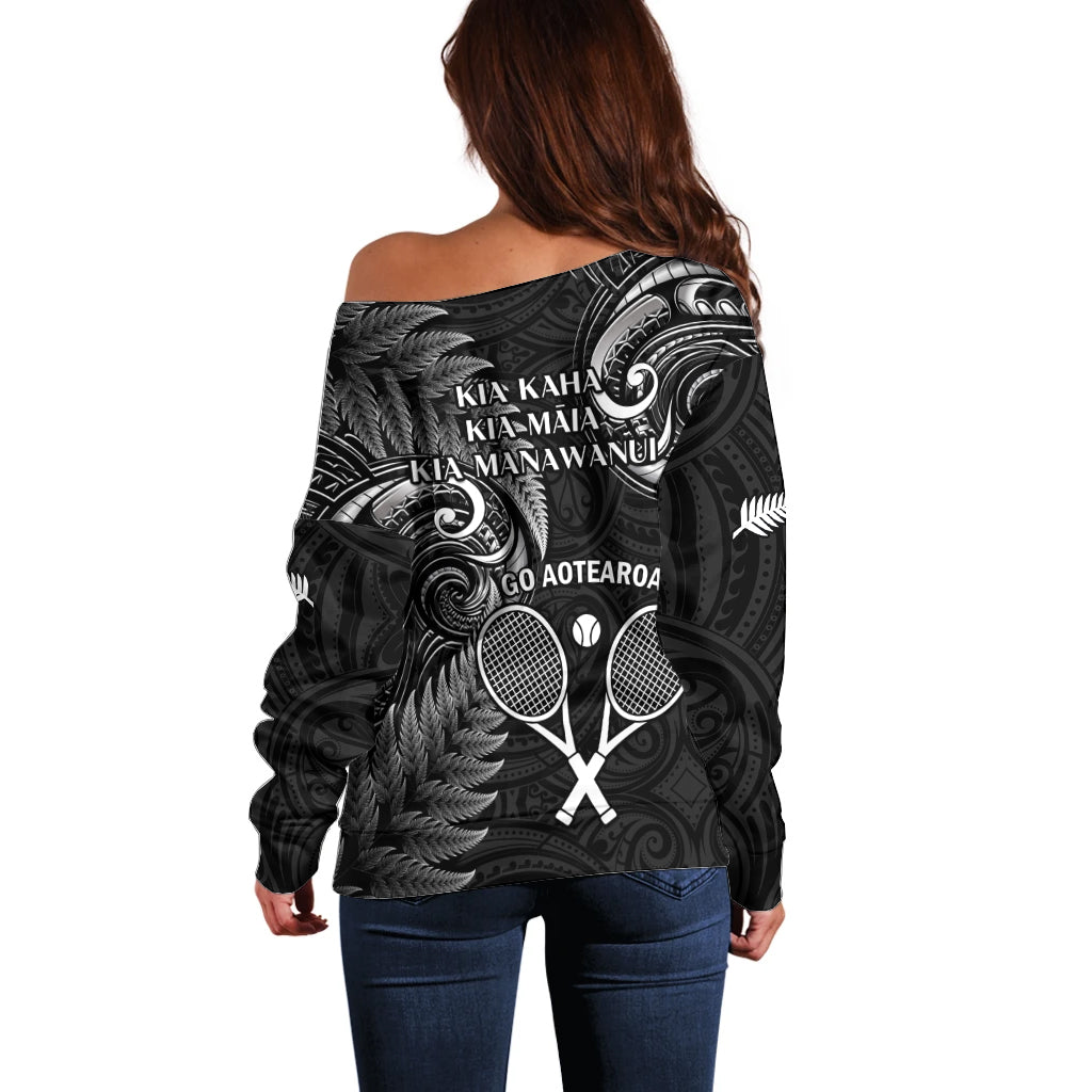 New Zealand Tiki Tennis Off Shoulder Sweater 2024 Aotearoa Tenehi Maori Silver Fern - Black