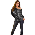 New Zealand Tiki Tennis Off Shoulder Sweater 2024 Aotearoa Tenehi Maori Silver Fern - Black