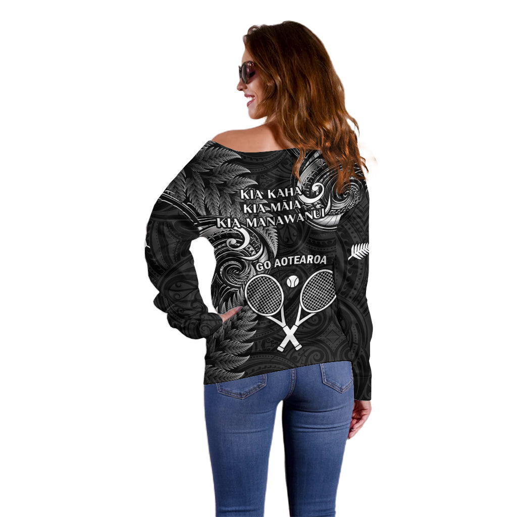 New Zealand Tiki Tennis Off Shoulder Sweater 2024 Aotearoa Tenehi Maori Silver Fern - Black