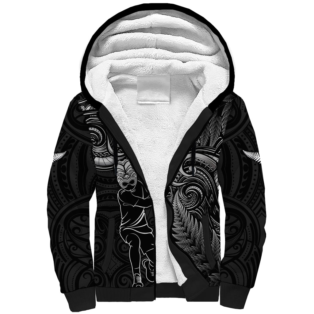 New Zealand Tiki Tennis Sherpa Hoodie 2024 Aotearoa Tenehi Maori Silver Fern - Black