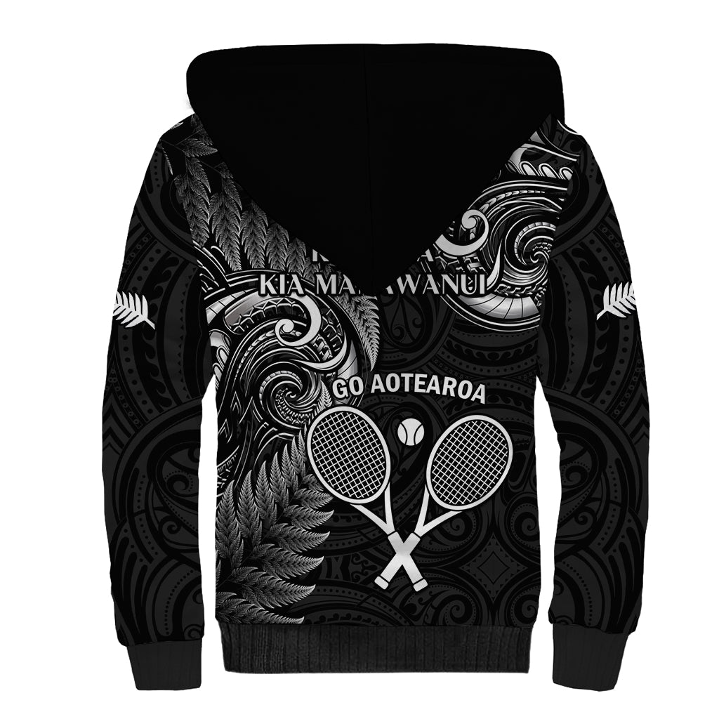 New Zealand Tiki Tennis Sherpa Hoodie 2024 Aotearoa Tenehi Maori Silver Fern - Black