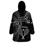 New Zealand Tiki Tennis Wearable Blanket Hoodie 2024 Aotearoa Tenehi Maori Silver Fern - Black