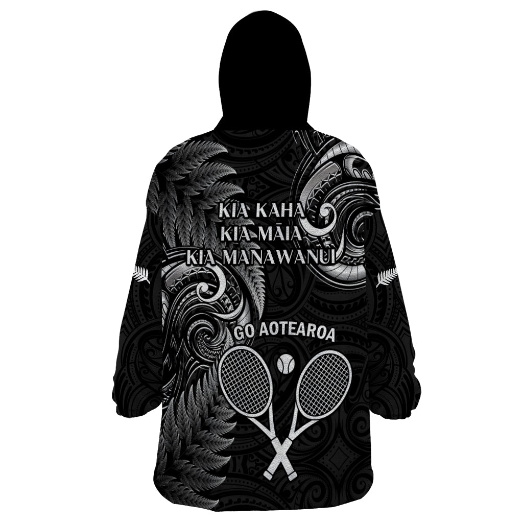 New Zealand Tiki Tennis Wearable Blanket Hoodie 2024 Aotearoa Tenehi Maori Silver Fern - Black