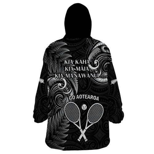 New Zealand Tiki Tennis Wearable Blanket Hoodie 2024 Aotearoa Tenehi Maori Silver Fern - Black