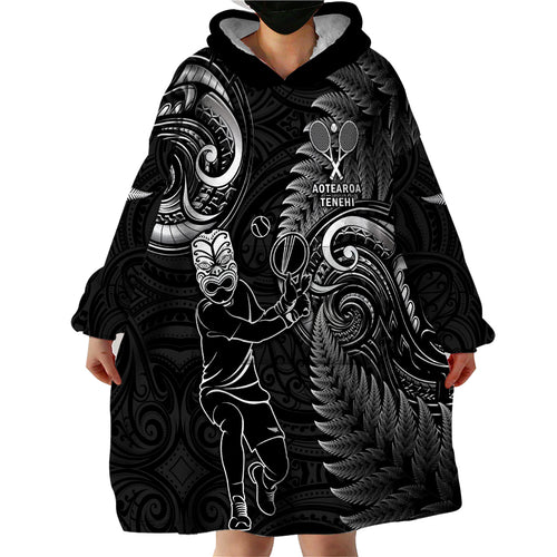 New Zealand Tiki Tennis Wearable Blanket Hoodie 2024 Aotearoa Tenehi Maori Silver Fern - Black