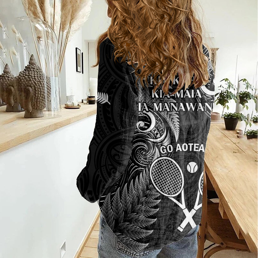 New Zealand Tiki Tennis Women Casual Shirt 2024 Aotearoa Tenehi Maori Silver Fern - Black