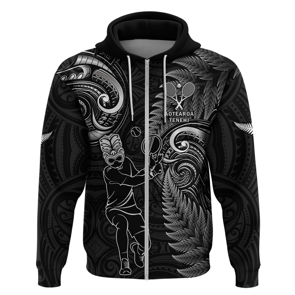 New Zealand Tiki Tennis Zip Hoodie 2024 Aotearoa Tenehi Maori Silver Fern - Black