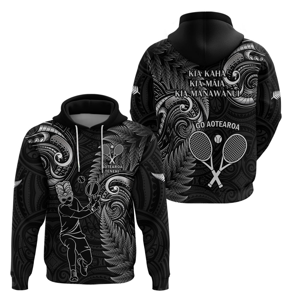 New Zealand Tiki Tennis Zip Hoodie 2024 Aotearoa Tenehi Maori Silver Fern - Black