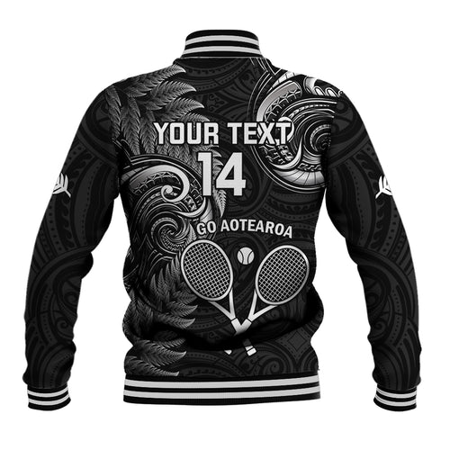 Custom New Zealand Tiki Tennis Baseball Jacket 2024 Aotearoa Tenehi Maori Silver Fern - Black