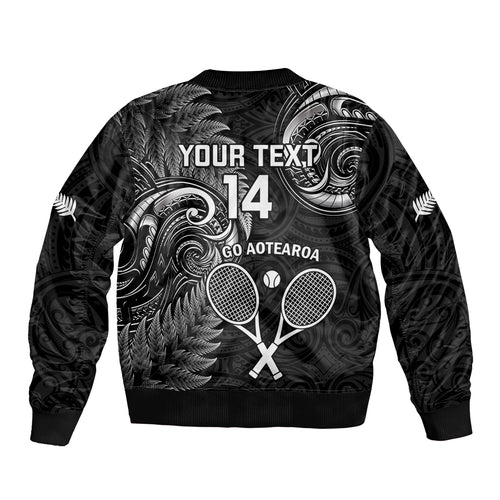 Custom New Zealand Tiki Tennis Bomber Jacket 2024 Aotearoa Tenehi Maori Silver Fern - Black