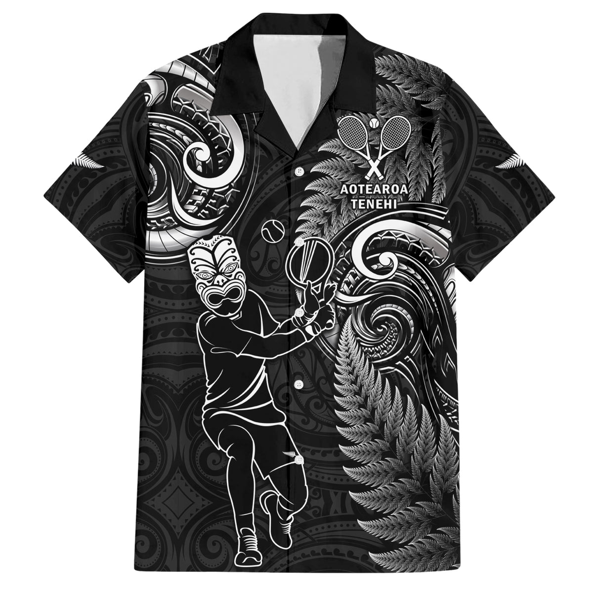 Custom New Zealand Tiki Tennis Hawaiian Shirt 2024 Aotearoa Tenehi Maori Silver Fern - Black