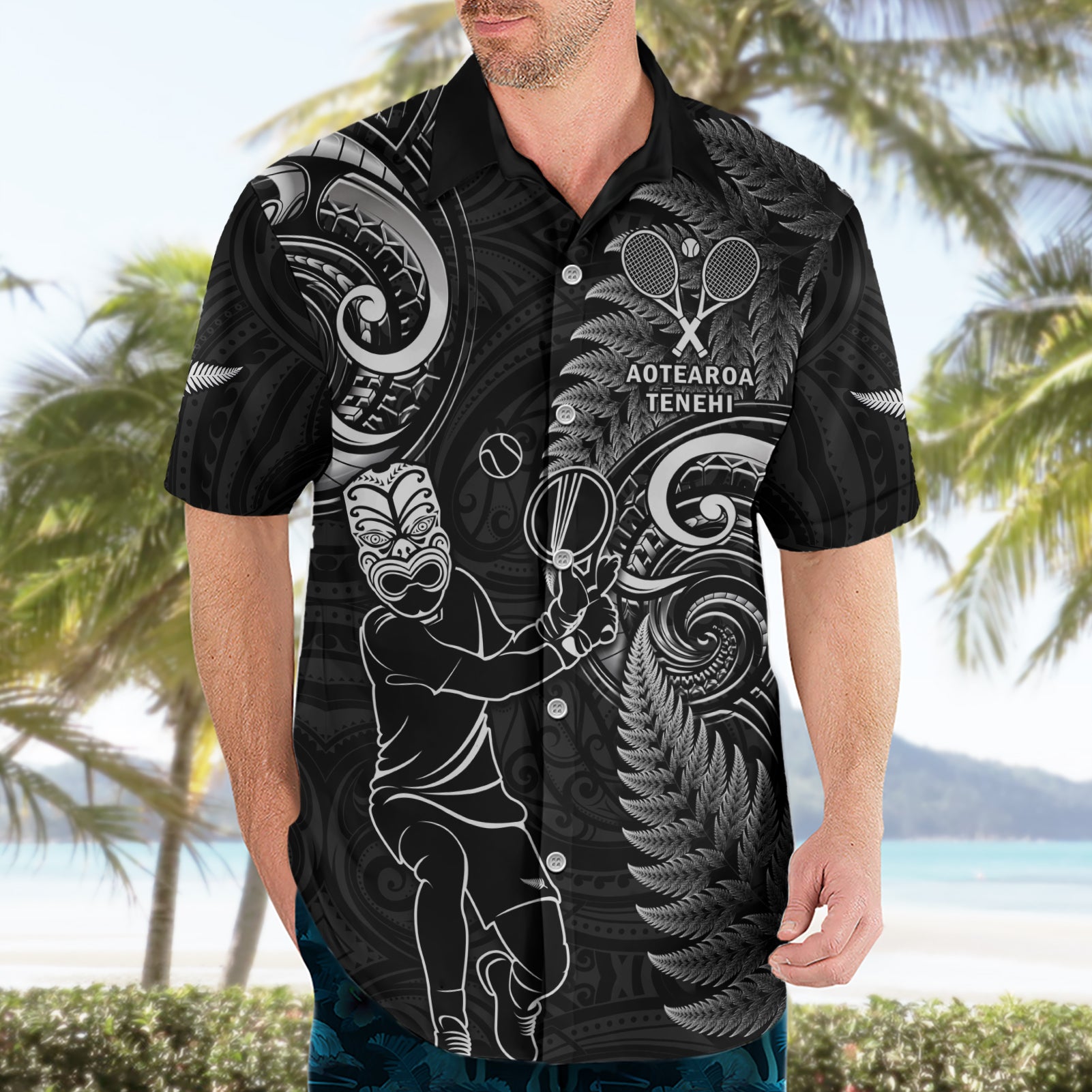 Custom New Zealand Tiki Tennis Hawaiian Shirt 2024 Aotearoa Tenehi Maori Silver Fern - Black