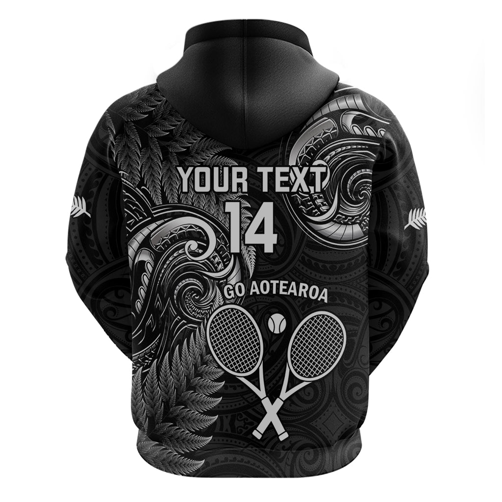 Custom New Zealand Tiki Tennis Hoodie 2024 Aotearoa Tenehi Maori Silver Fern - Black
