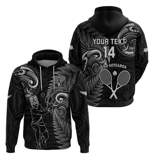 Custom New Zealand Tiki Tennis Hoodie 2024 Aotearoa Tenehi Maori Silver Fern - Black