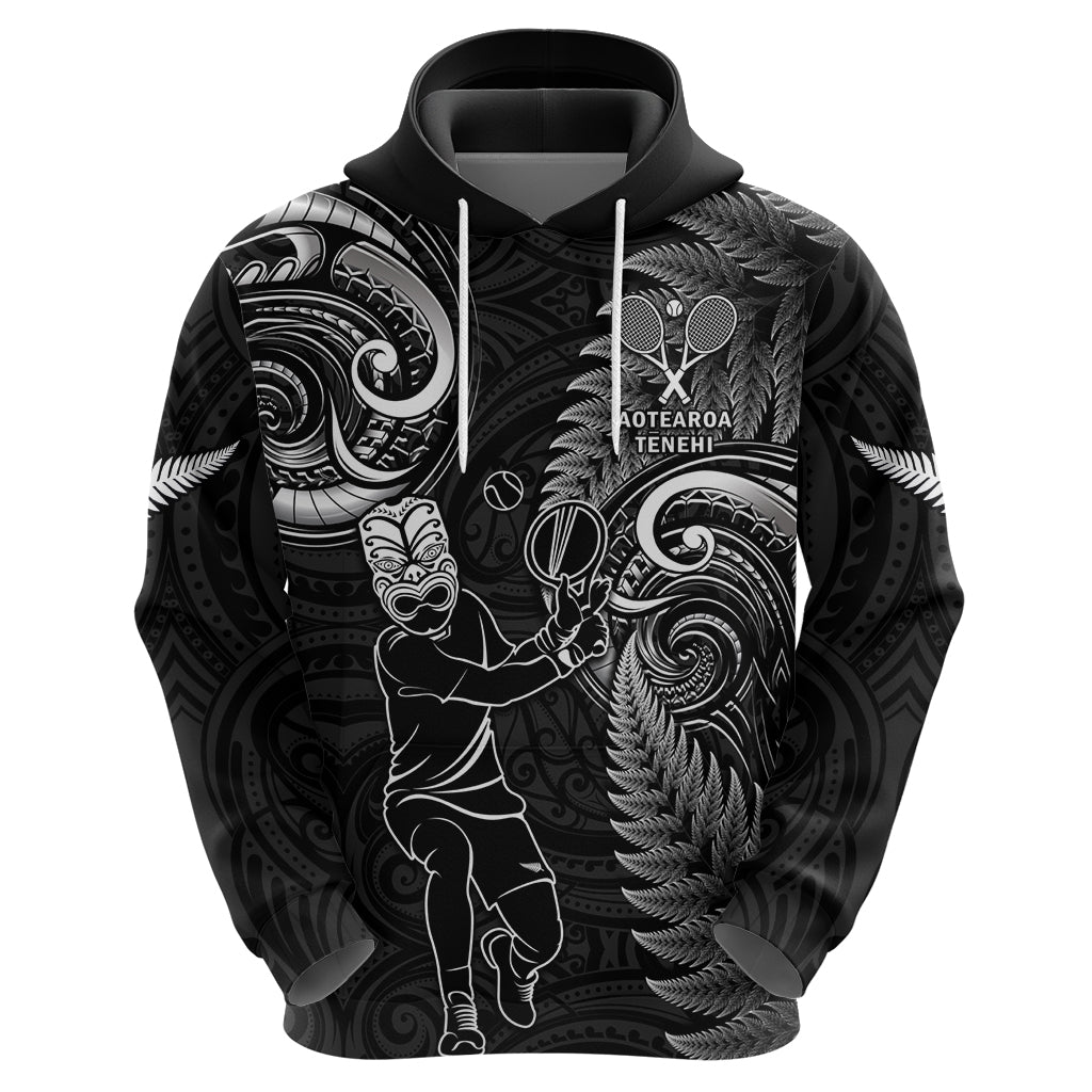 Custom New Zealand Tiki Tennis Hoodie 2024 Aotearoa Tenehi Maori Silver Fern - Black