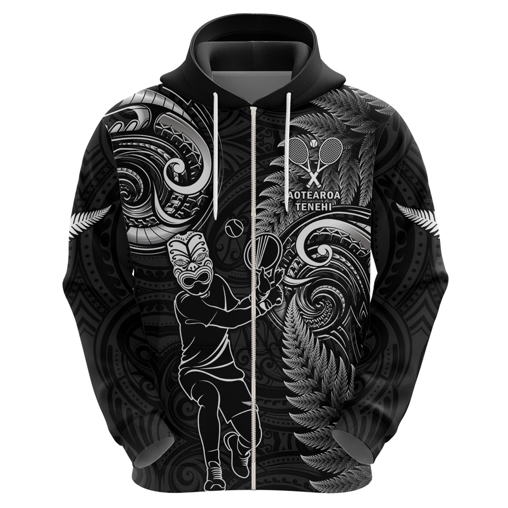 Custom New Zealand Tiki Tennis Hoodie 2024 Aotearoa Tenehi Maori Silver Fern - Black