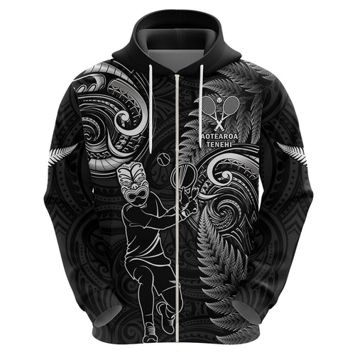 Custom New Zealand Tiki Tennis Hoodie 2024 Aotearoa Tenehi Maori Silver Fern - Black