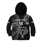 Custom New Zealand Tiki Tennis Kid Hoodie 2024 Aotearoa Tenehi Maori Silver Fern - Black