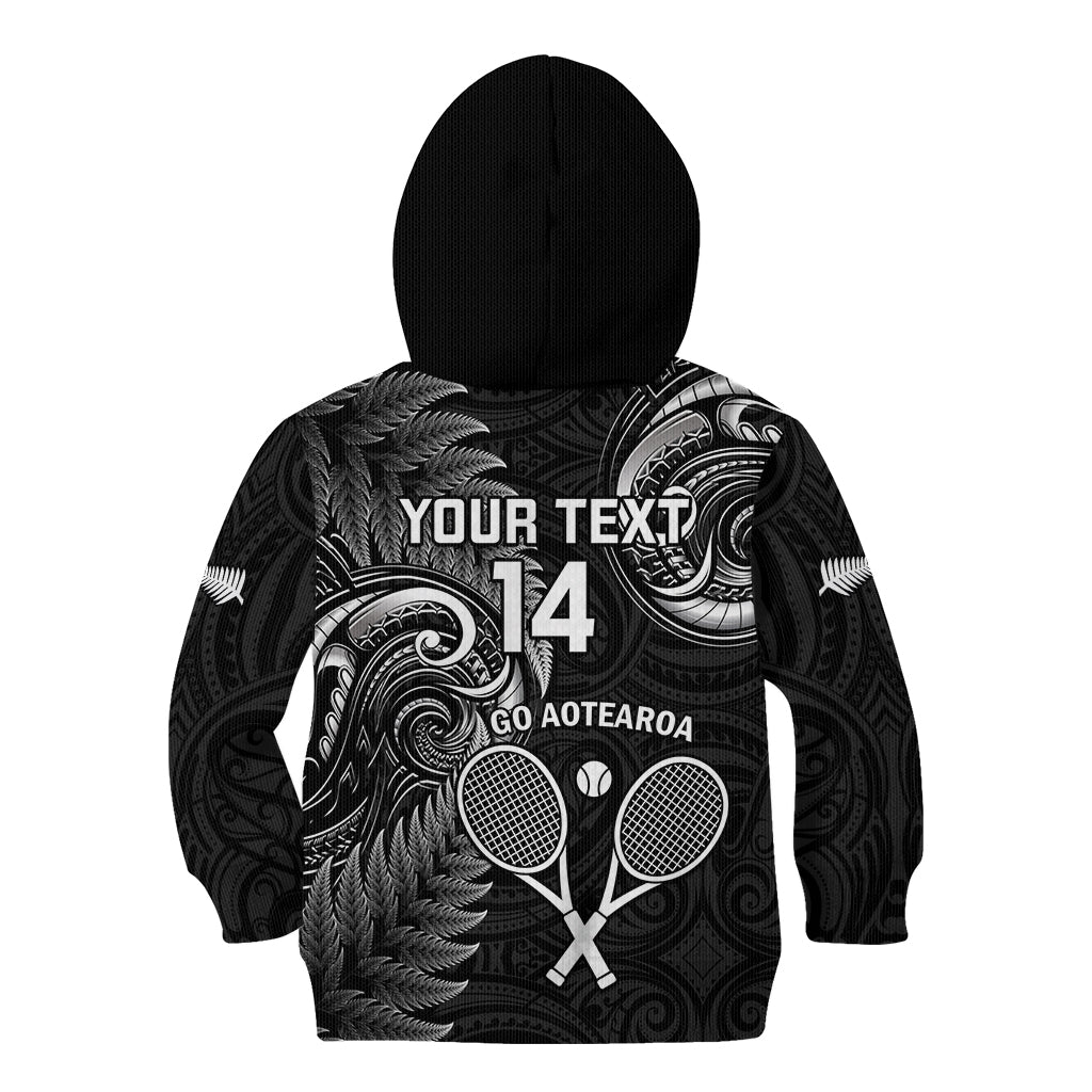 Custom New Zealand Tiki Tennis Kid Hoodie 2024 Aotearoa Tenehi Maori Silver Fern - Black