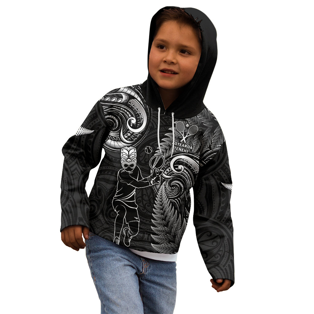 Custom New Zealand Tiki Tennis Kid Hoodie 2024 Aotearoa Tenehi Maori Silver Fern - Black