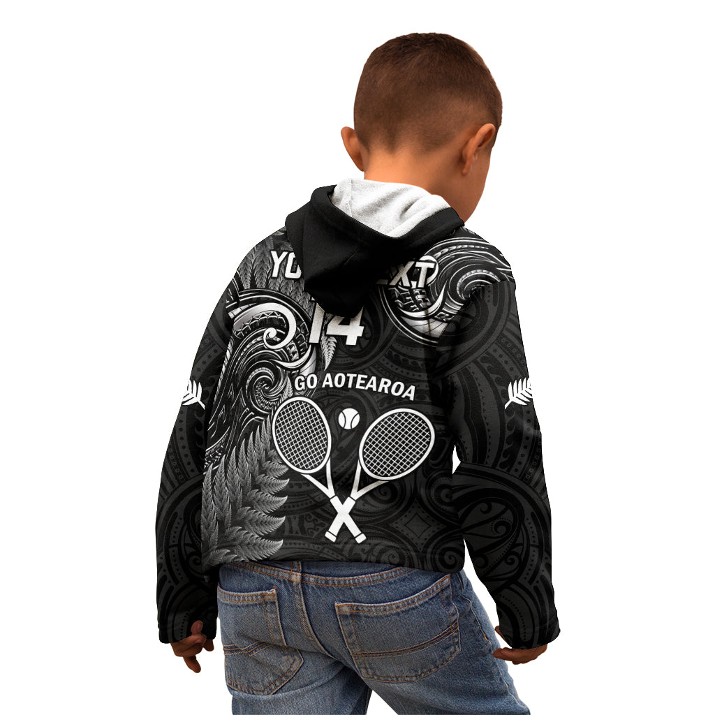 Custom New Zealand Tiki Tennis Kid Hoodie 2024 Aotearoa Tenehi Maori Silver Fern - Black
